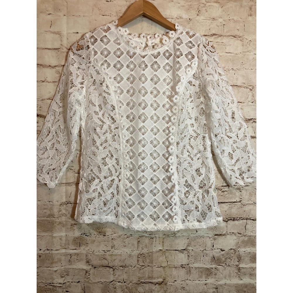 Adiva Coquette Top Womens Small‎ White All Over Embroidery Lace Soft Girl Sheer